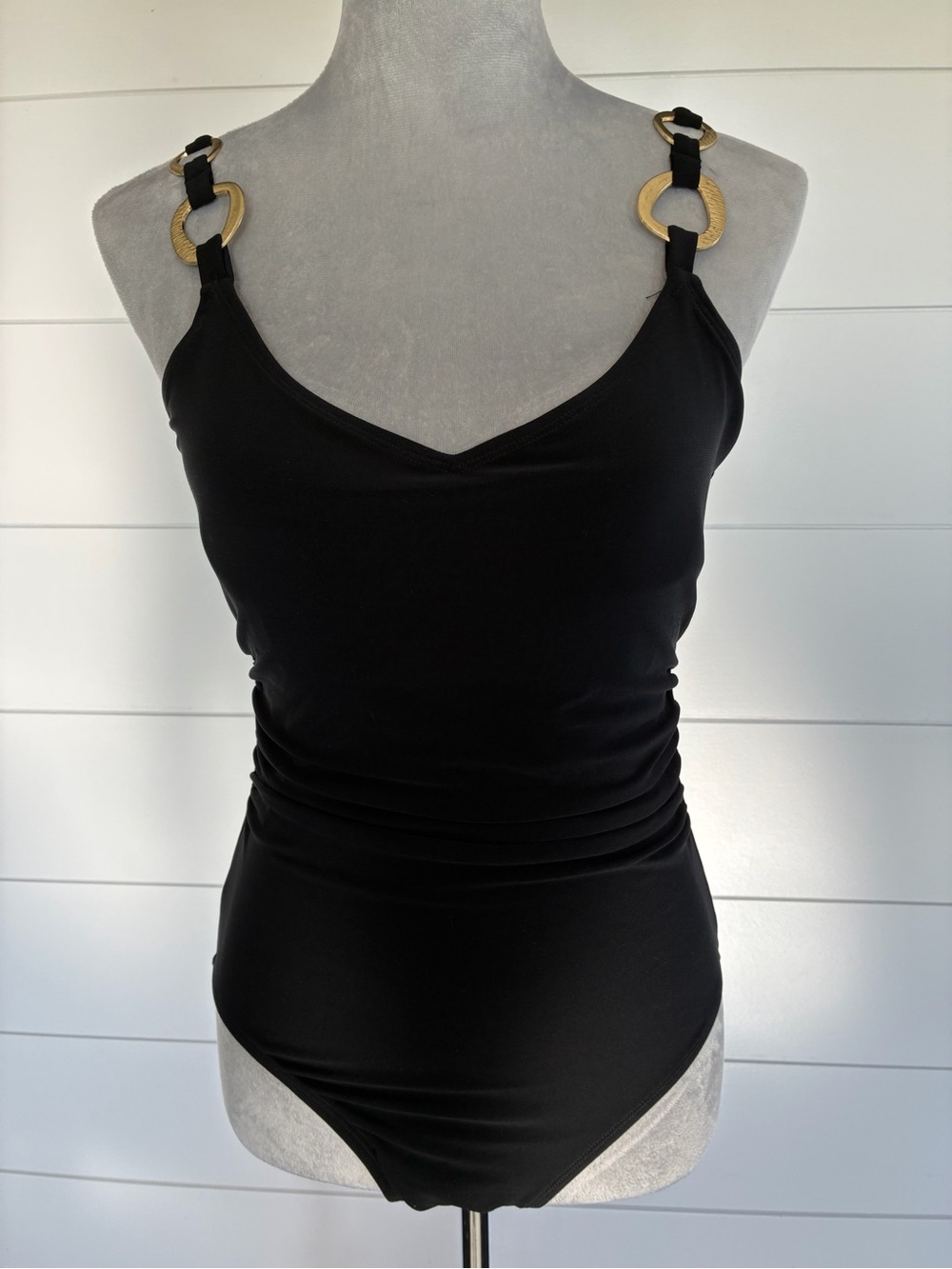 Beyond Control Black Swimsuit With Gold Tone Accents On Straps Sz 10 NWOT/0283
